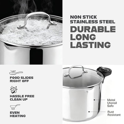 GOTHAM STEEL 5 Qt Stainless Steel Stock Pot Multipurpose Pasta Pot with Strainer Lid & Twist and Lock Handles, for Soup, Spaghetti, Rice, Induction Ready, Dishwasher Safe