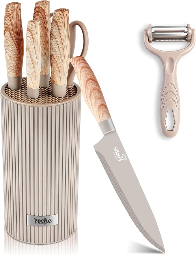 Knife Set, Kitchen Knife Set with Block, 7 Pcs Kitchen Knife Set with 3-in-1 Peeler, Knife Block Set Compact Stainless Steel Knives with Wood Grain Finish Handles, Space Saving Kitchen Essentials