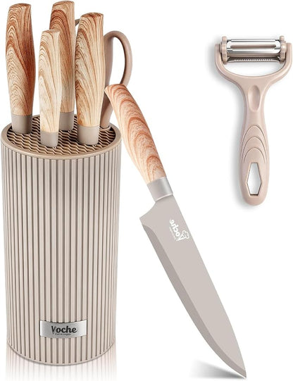 Knife Set, Kitchen Knife Set with Block, 7 Pcs Kitchen Knife Set with 3-in-1 Peeler, Knife Block Set Compact Stainless Steel Knives with Wood Grain Finish Handles, Space Saving Kitchen Essentials