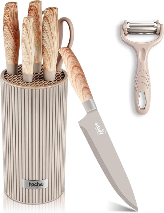 Knife Set, Kitchen Knife Set with Block, 7 Pcs Kitchen Knife Set with 3-in-1 Peeler, Knife Block Set Compact Stainless Steel Knives with Wood Grain Finish Handles, Space Saving Kitchen Essentials