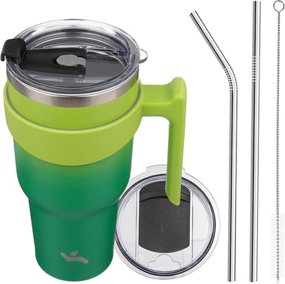 Konokyo 40 oz Tumbler with Handle and 2 Straw 2 Lid, Insulated Water Bottle Stainless Steel Vacuum Cup Reusable Travel Mug,Matcha Green