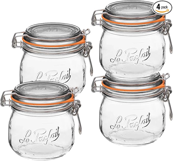 Le Parfait Super Jar 500mL (16oz) French Glass Preserving Jar w/Airtight Rubber Seal & Wire Bail Closure - BPA-Free Canning Jar for Pickles, Fruit, Sauce & Food Storage - Made in France Since 1930 4PK