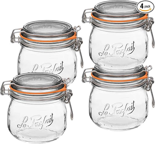 Le Parfait Super Jar 500mL (16oz) French Glass Preserving Jar w/Airtight Rubber Seal & Wire Bail Closure - BPA-Free Canning Jar for Pickles, Fruit, Sauce & Food Storage - Made in France Since 1930 4PK