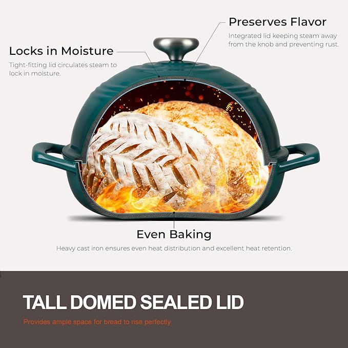 Overmont 6QT Enameled Cast Iron Bread Oven — Taller Body for Even Baking, Durable & Easy-to-Clean, Includes Dome Lid, Cotton Potholders & Cookbook, Perfect for Home Bakers & Sourdough Enthusiasts