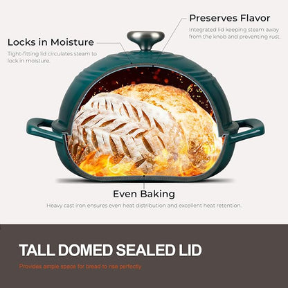 Overmont 6QT Enameled Cast Iron Bread Oven — Taller Body for Even Baking, Durable & Easy-to-Clean, Includes Dome Lid, Cotton Potholders & Cookbook, Perfect for Home Bakers & Sourdough Enthusiasts