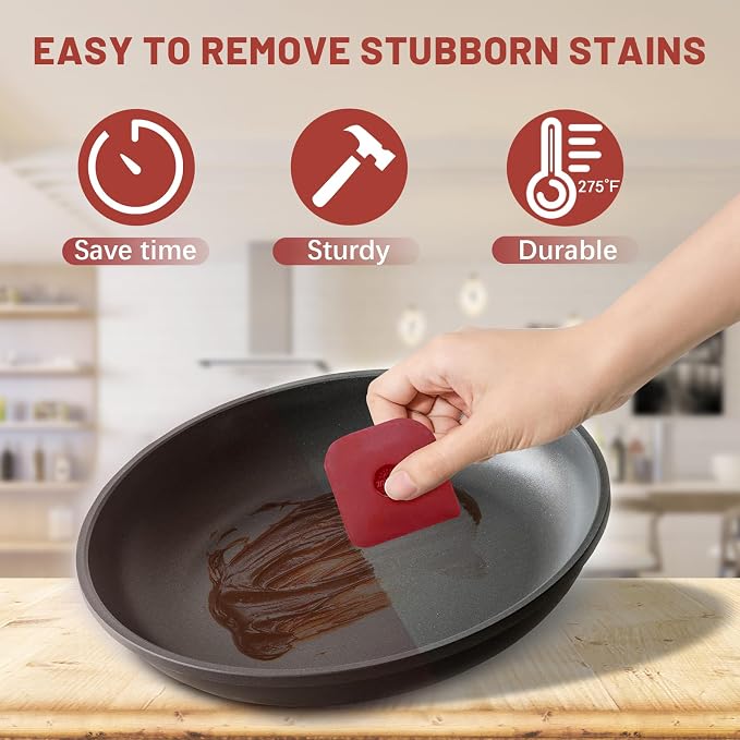 TMEDW Pan Scraper, 10 Pcs Pot Scraper, Pan Scraper Plastic, Multifunctional Scraper Tool for Kitchen, Non-Slip, Food Safe, High Heat Resistant-Red