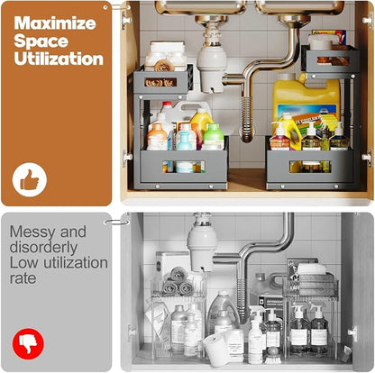 1-Pack Under Sink Organizers and Storage,2-Tier L Shape Pull Out Cabinet Organizer With Round Tube Slide Rails,Hight Adjustable Slide Out Drawers for Kitchen&Bathroom,Multi-Purpose Storage Shelf-Gray