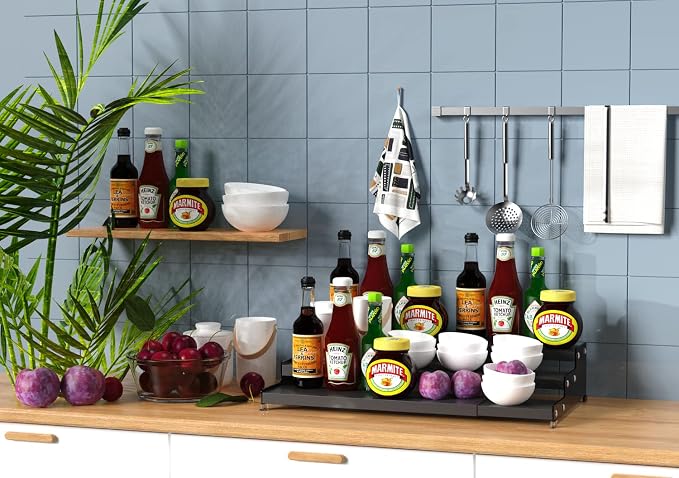 Jojocross Spice Rack Organizer for Cabinet, 3 Tier Expandable Spices Storage, Great for Kitchen Cabinets, Cupboard,Pantry and Countertop More 1 Pack/Black