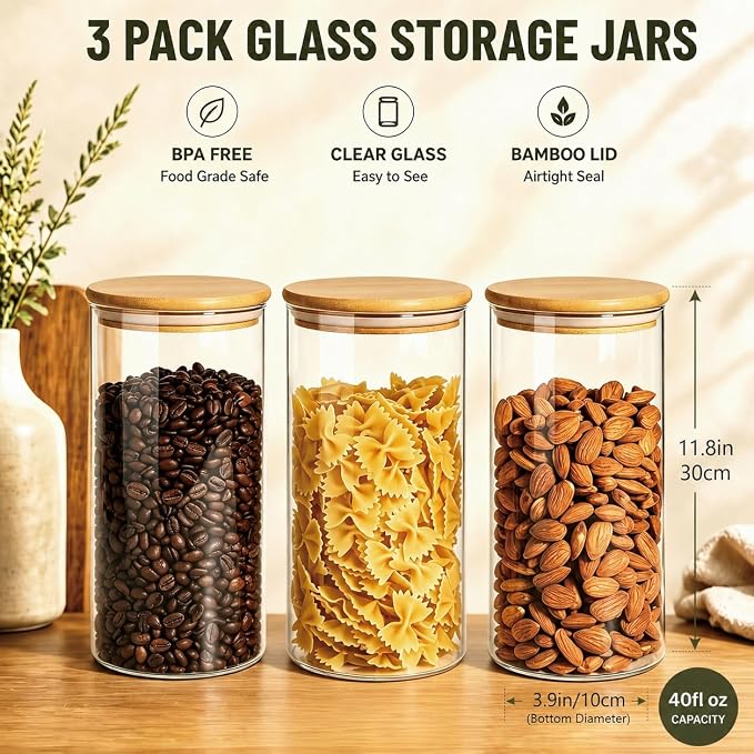 3 Pack 1200 ML / 40 FL Oz Glass Storage Container with Wood Lid, Stackable Clear Decorative Organizer Bottle Canister Pantry Jar with Air Tight Wooden Lid for Food, Coffee, Candy, Sugar, Salt, Tea