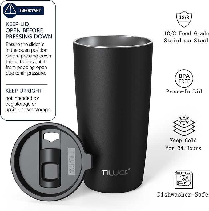 TILUCK 20 oz Insulated Tumbler with BPA-Free Lid, Stainless Steel Vacuum Travel Coffee Mug, Double Wall Coffee Tumbler（20oz，Matte Black）
