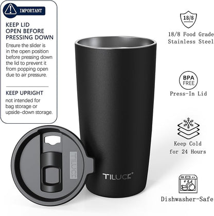 TILUCK 20 oz Insulated Tumbler with BPA-Free Lid, Stainless Steel Vacuum Travel Coffee Mug, Double Wall Coffee Tumbler（20oz，Matte Black）