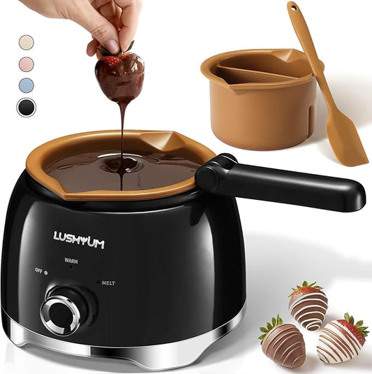 LUSHYUM Chocolate Melting Pot Candy Melts Melter with 2 Insert Pots and Spatula, 4 Cups Capacity Warmer Machine, Ideal Dipping Tool Kitchen Supplies for Making Cake Pop Covered Strawberries Fondue