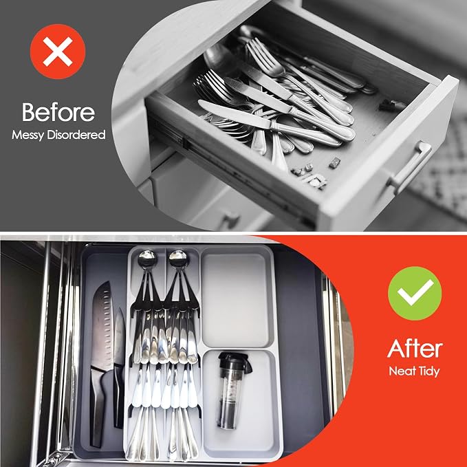 Silverware Organizer, Expandable Cutlery Drawer Organizer Utensil Tray for Home and Kitchen, Upgrade Adjustable Plastic Storage Flatware Holder for Forks, Spoons and Knives Large Grey