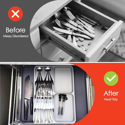 Silverware Organizer, Expandable Cutlery Drawer Organizer Utensil Tray for Home and Kitchen, Upgrade Adjustable Plastic Storage Flatware Holder for Forks, Spoons and Knives Large Grey