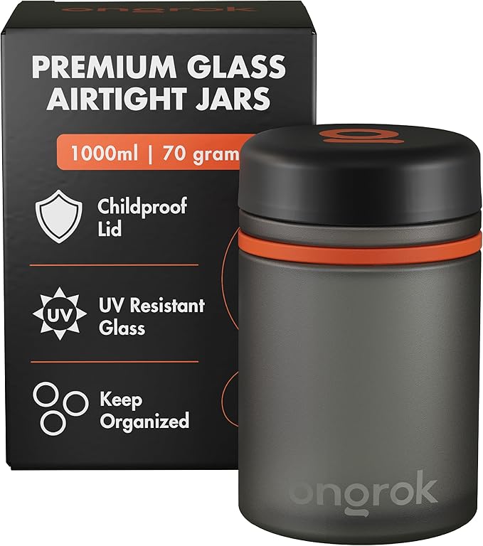ONGROK Glass Storage Jar, 1L, Single Pack, UV Herb/Spice Jar with Child Resistant Lid, Color-Coded Glass Containers Air Proof to Preserve Smell and Aroma, Perfect Size to Store in a Drawer or Cupboard