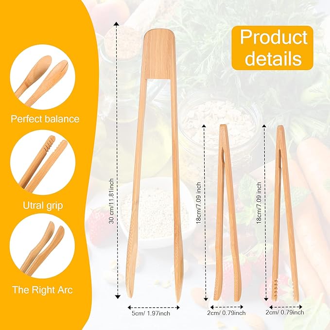 Zopeal 3 Pcs Bamboo Utensils for Cooking Wooden Toaster Tongs Long Cooking Salad Tongs for Picking up Cheese Bacon Toast Cake Fruits Bread Spaghetti for Kitchen Women Men