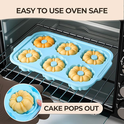 FUNBAKY Mini Fluted Tube Cake Pans for Baking with Metal Reinforced Frame, 2Pcs Silicone 6-Cavity Mini Flan Molds, Nonstick Baking Mold for Cupcake, Brownie, Donuts, Cornbread, Jello