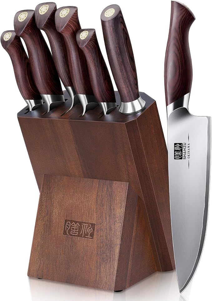 SHAN ZU 7 Pc Knife set, High Carbon Japanese 10Cr15Mov Stainless Steel Professional Kitchen Cooking Knives, Ultra Sharp Japanese Chef Knife Set with Ergonomic Pakkawood Handle