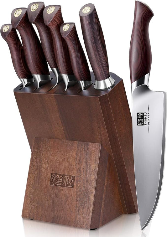 SHAN ZU 7 Pc Knife set, High Carbon Japanese 10Cr15Mov Stainless Steel Professional Kitchen Cooking Knives, Ultra Sharp Japanese Chef Knife Set with Ergonomic Pakkawood Handle