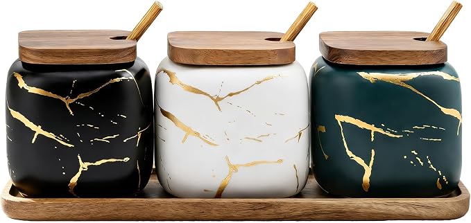 3 Pcs Sugar Bowls Ceramic Coffee Jar Set Ceramic Seasoning Jar with Lid Spoon and Tray/Food Storage Canister (Color Mixing)