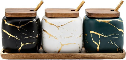 3 Pcs Sugar Bowls Ceramic Coffee Jar Set Ceramic Seasoning Jar with Lid Spoon and Tray/Food Storage Canister (Color Mixing)
