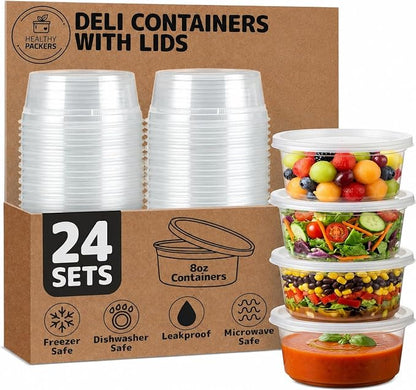 Healthy Packers Food Storage Containers with Airtight Lids (8 oz, 24 Pack) - Clear Plastic Food Storage Jars - Great for Your Slime Kit - BPA Free| Leakproof - Microwaveable - Reusable & Freezer Safe
