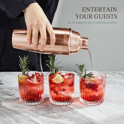 KITESSENSU Cocktail Shaker Set, Stainless Steel Bartending Kit with 25 Ounce Cocktail Shaker with Built in Drink Strainer, Measuring Jigger, Mixing Spoon & Drink Recipe Guide, Rose Gold