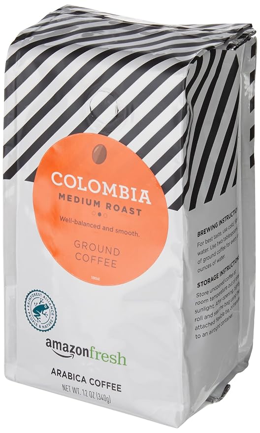 Amazon Fresh Colombia Ground Coffee, Medium Roast, 12 Ounce (Pack of 2)
