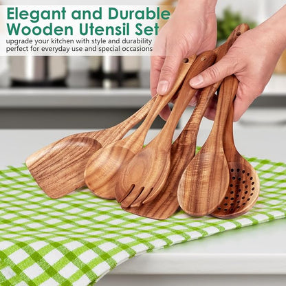 HOWHONG Wooden Spoons for Cooking, Teak Wood Kitchen Utensil Set, Premium Handmade Wooden Utensils for Nonstick Cookware, Heat Resistant, Smooth Finish, Comfortable Grip, 6 Piece
