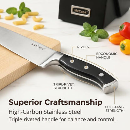 McCook® Knife Sets, German Stainless Steel Forged Kitchen Knives Block Set with Built-in Knife Sharpener