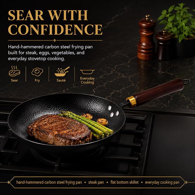 Calmabode 10.5” Hand-Hammered Carbon Steel Skillet with Glass Lid | Pre-seasoned coating-free carbon steel, flared rim, flat bottom, induction compatible, ideal for steak, eggs and searing