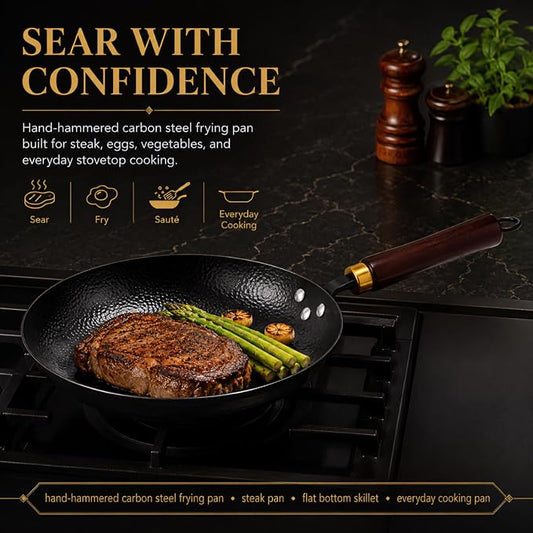 Calmabode 10.5” Hand-Hammered Carbon Steel Skillet with Glass Lid | Pre-seasoned coating-free carbon steel, flared rim, flat bottom, induction compatible, ideal for steak, eggs and searing