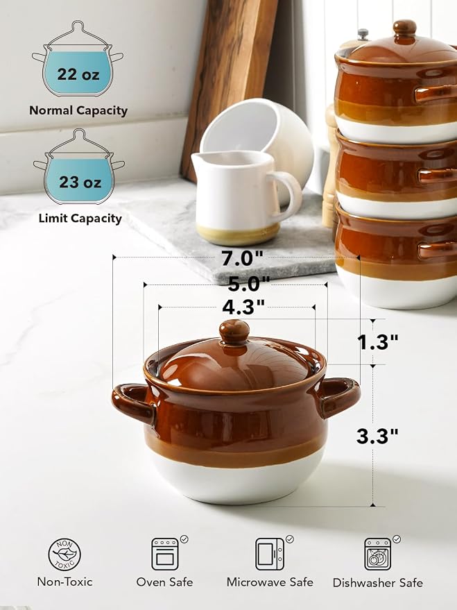 LE TAUCI French Onion Soup Bowls with Lid, 22 Oz French Onion Soup Crocks Oven Safe Ceramic Soup Bowls with Handles for Soup, Chili, Beef Stew, Cereal, Pot Pies, Set of 4