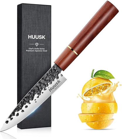 Huusk Japanese Paring Knife 5", Hand Forged Fruit Knife, High Carbon Steel Utility Kitchen Knives, Japanese Petty Chef Knives with Rosewood Handle, Small Peeling Knifes for Vegetable, Gifts Idea