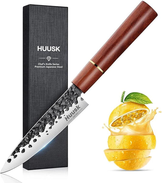 Huusk Japanese Paring Knife 5", Hand Forged Fruit Knife, High Carbon Steel Utility Kitchen Knives, Japanese Petty Chef Knives with Rosewood Handle, Small Peeling Knifes for Vegetable, Gifts Idea
