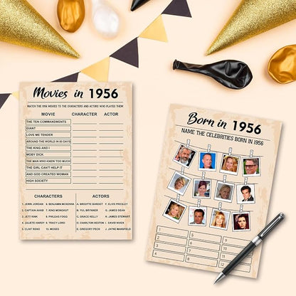 QUPT 70th Birthday Party Games, Set of 5 Activities for 10 Guests, Born in 1956 Games Bundle, Birthday Party Supplies for Adults, Pack of 50 Cards