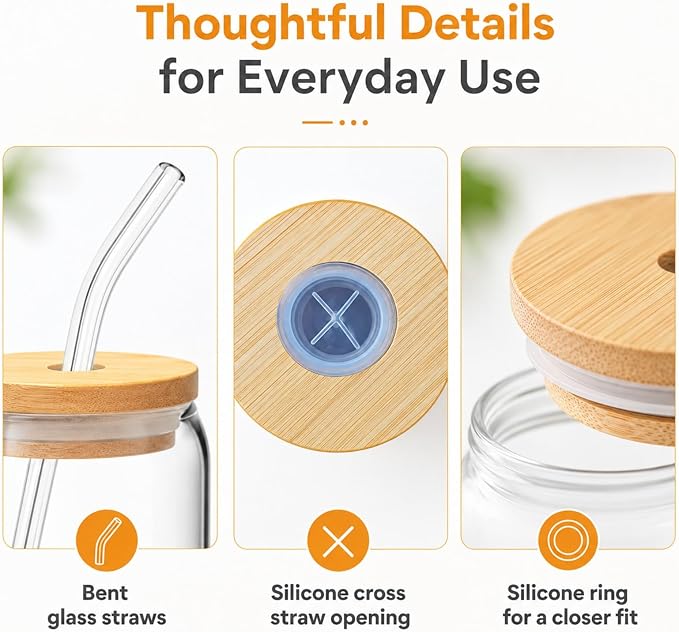 Glass Cups with Lids and Straws Set of 8, 16 oz Can Glasses with Bamboo Lids and Glass Straws, Iced Coffee Cups for Coffee Bar, Cold Brew, Matcha, Soda and Daily Drinks