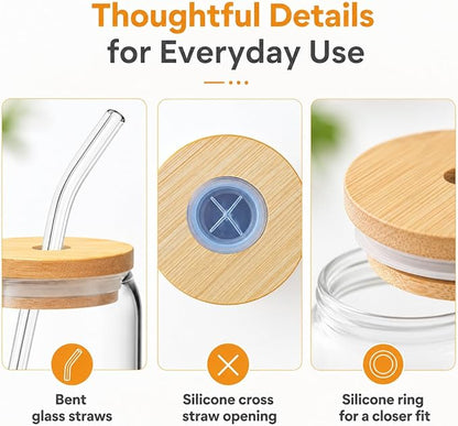 Glass Cups with Lids and Straws Set of 8, 16 oz Can Glasses with Bamboo Lids and Glass Straws, Iced Coffee Cups for Coffee Bar, Cold Brew, Matcha, Soda and Daily Drinks