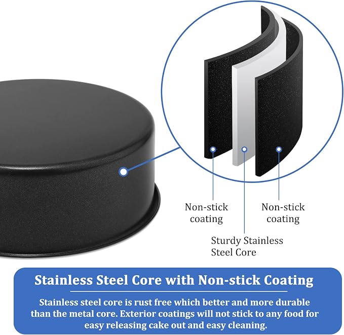 P&P CHEF 9.5 Inch Cake Pan, Nonstick Round Baking Layer Cake Pans Tins Set for Birthday Wedding, 2.94-Inch Deep Side & One-piece Design, Stainless Steel Core & Easy Clean, Black 2Pcs