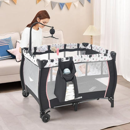 INFANS 3 in 1 Pack and Play, Portable Travel Baby Bassinet with Detachable Mattress, Changing Table, Foldable Playpen with Carry Bag, 2 Wheels (Cartoon)