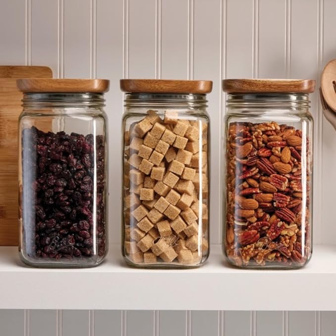 Ball Stack & Store Glass Mason Jars with Wooden Lid, Used for Pantry, Cookies, Flour, Cereal, Rice, Sugar, Tea, Coffee Beans, Spices, Square, 9.9-Cup (Pack of 4)