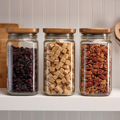 Ball Stack & Store Glass Mason Jars with Wooden Lid, Used for Pantry, Cookies, Flour, Cereal, Rice, Sugar, Tea, Coffee Beans, Spices, Square, 9.9-Cup (Pack of 4)