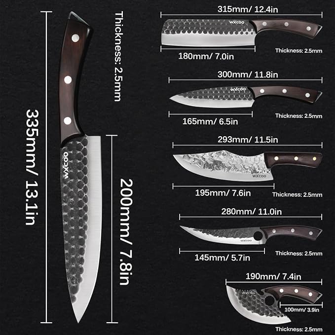 6PCS Kitchen Knife Set Kitchen High Carbon Steel Hand Forged Sharp Chef Knives All Purpose for Home and Outdoor Cooking Non Stick Hammer Finish Ergonomic Wood Handle with Leather Sheath - Black