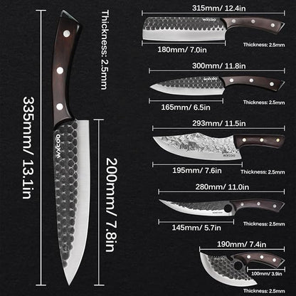 6PCS Kitchen Knife Set Kitchen High Carbon Steel Hand Forged Sharp Chef Knives All Purpose for Home and Outdoor Cooking Non Stick Hammer Finish Ergonomic Wood Handle with Leather Sheath - Black