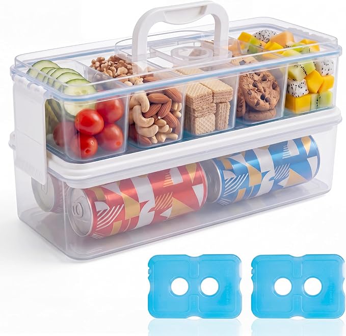 Homelove Snackle Box Container, Snack Organizer Divided Serving Tray with 2 Plastic Ice Packs, Lid with Handle, Double-layer Tray and 5-Compartment Snack Platter for Travel Party Beach Picnic