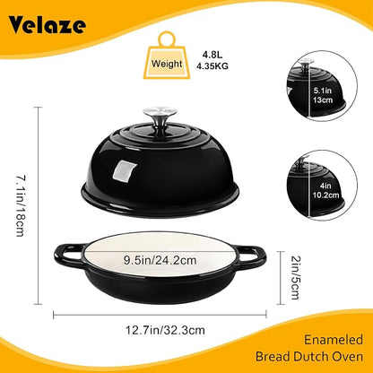 Velaze Enameled Cast Iron Dutch Oven for Bread Baking,5 QT Bread Oven Pot with Dome Lid for Crispy Artisan Bread & Bakery-Style Homemade Loaves(Black)