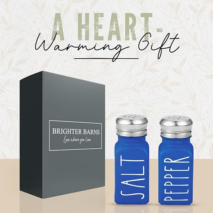 Blue Salt and Pepper Shakers Set by Brighter Barns - Cute Glass Shakers with Stainless Steel Lids - Modern Farmhouse Kitchen Decor and Accessories for Home, Restaurants, Hotel, Vacation Rental (Blue)