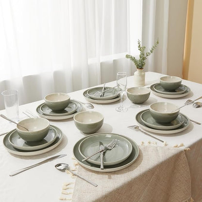Pokini Stoneware Dinnerware Sets, Ceramic Plates and Bowls Set, Microwave & Dishwasher Safe Kitchen Dish Set, Modern Dinner Salad Plates | Cereal Bowls for 4, Dishware Sets Gray Green