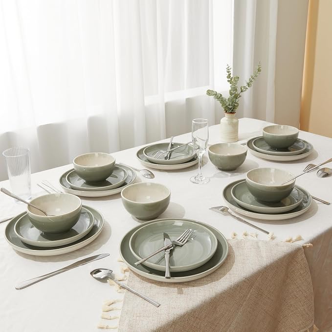 Pokini Plates and Bowls Sets for 8, 24 Piece Dinnerware Set for Large Families & Entertaining, Elegant Design, Dishwasher & Microwave Safe, Chip Resistant and Durable, Gray Green