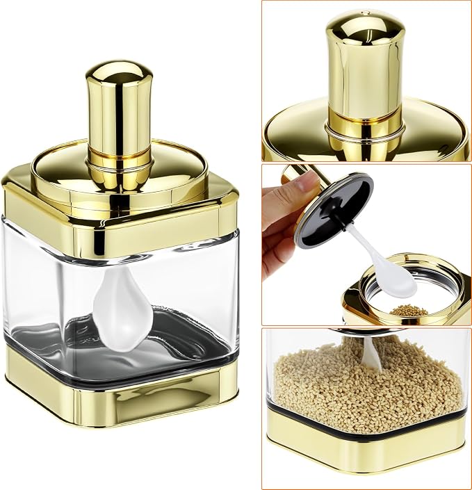 QWORK Glass Condiment Jars with Spoon, 2 Pack 12oz Spice Containers with Gold Lid, Sugar Dispense, Kitchen Containers, Seasoning Box Set for Sugar, Salt, Coffee, Flour & Kitchen Storage